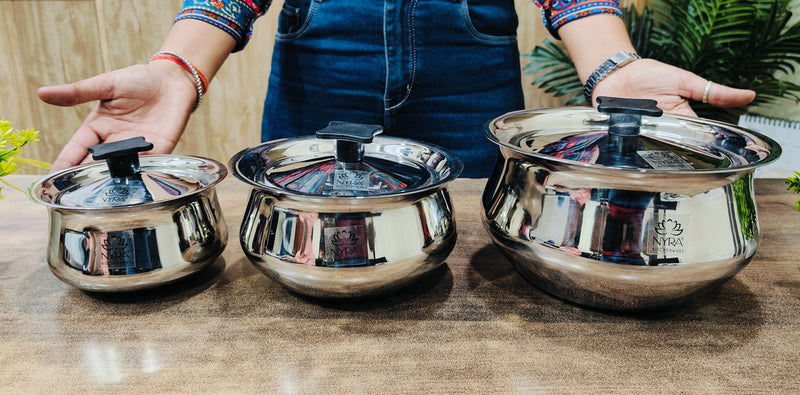 Stainless Steel Pulao Handi with Lid and PVC Knob (Set of 3) – Cooking Handi