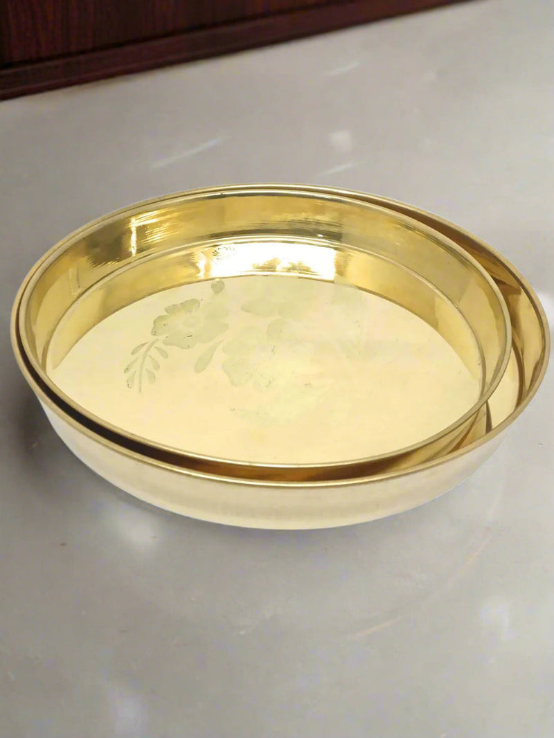 Pure Brass Bhojan Thali with Floral Etching – Serving Plate