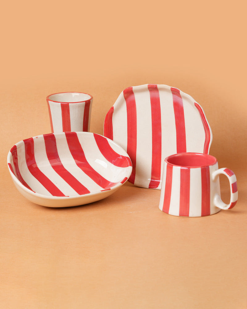 Nurture India Red Stripe Ceramic Combo 4-Piece Set