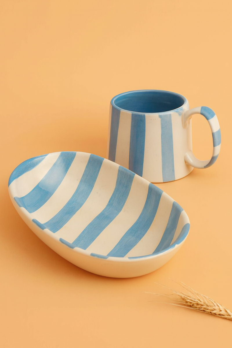 Nurture India Sky Blue Stripe Ceramic Combo Bowl Cup