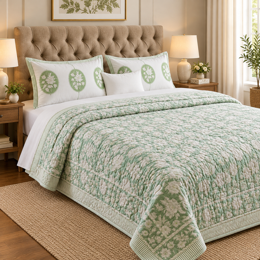 aenak-green-garden-handblock-printed-reversible-quilted-bedcover-set
