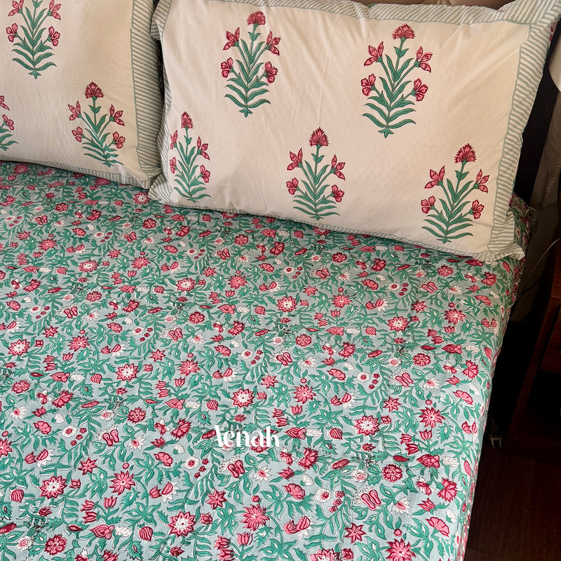 aenak-sage-green-floral-handblock-printed-premium-cotton-set-bedsheet