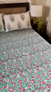 aenak-sage-green-floral-handblock-printed-premium-cotton-fitted-bedsheet-set