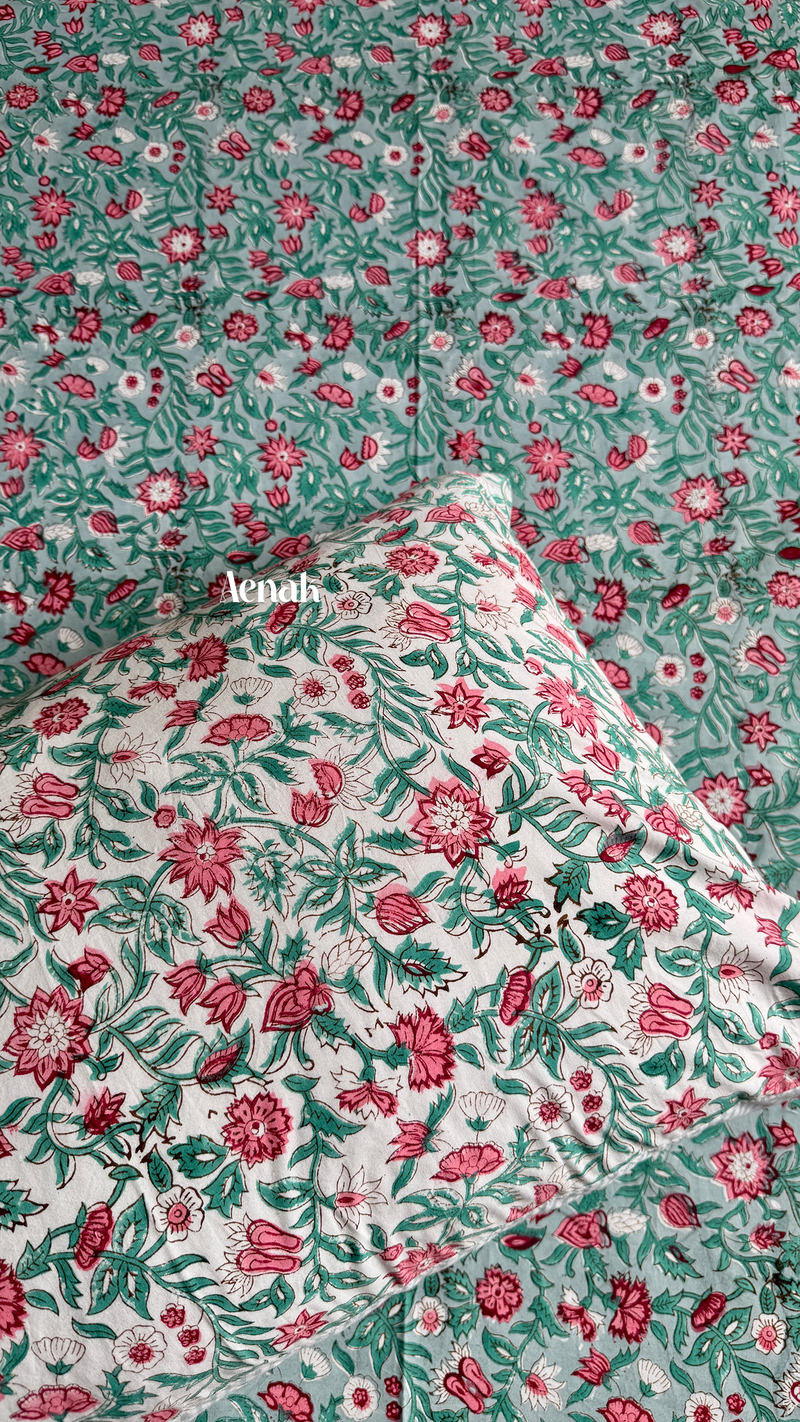 aenak-sage-green-floral-handblock-printed-premium-cotton-fitted-bedsheet-set