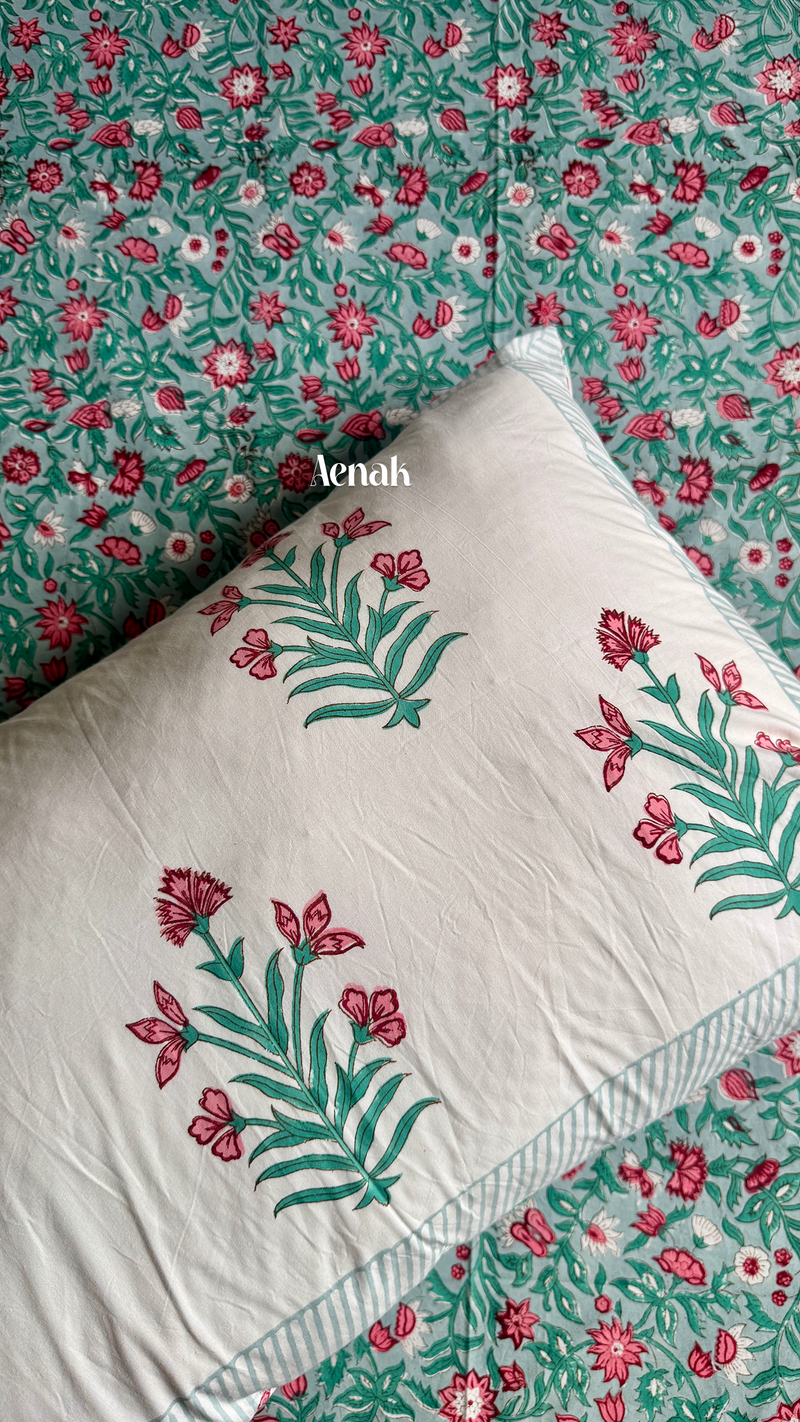 aenak-sage-green-floral-handblock-printed-premium-cotton-set-bedsheet