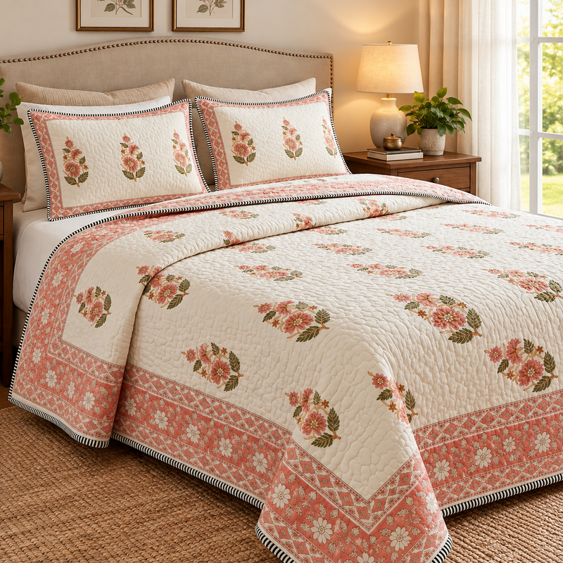 aenak-peach-phool-boota-handblock-printed-reversible-quilted-bedcover-set