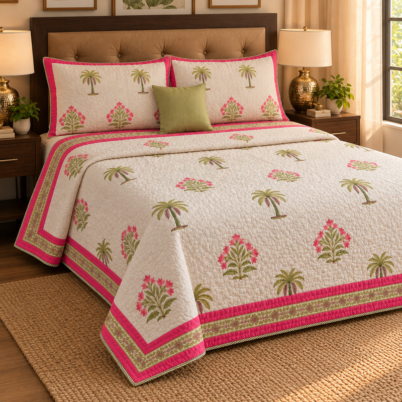 aenak-pink-royal-palm-handblock-printed-reversible-quilted-cotton-bedcover-105x108-set