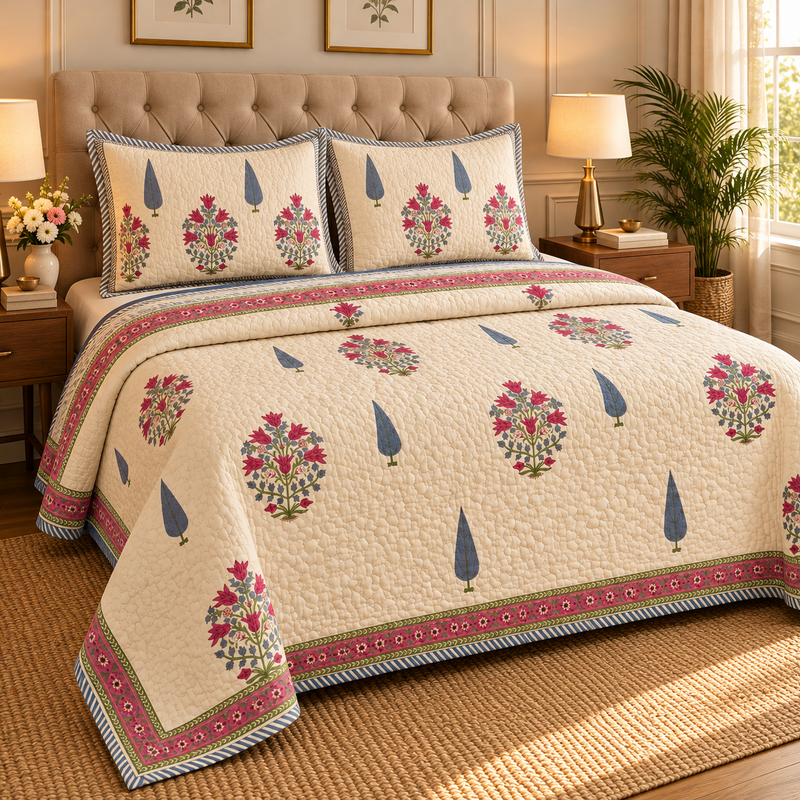 aenak-magenta-boota-handblock-printed-reversible-quilted-cotton-bedcover-set