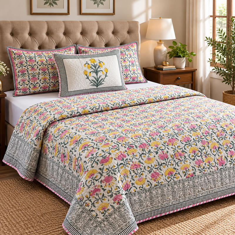 aenak-pink-yellow-lotus-handblock-printed-reversible-quilted-bedcover-set