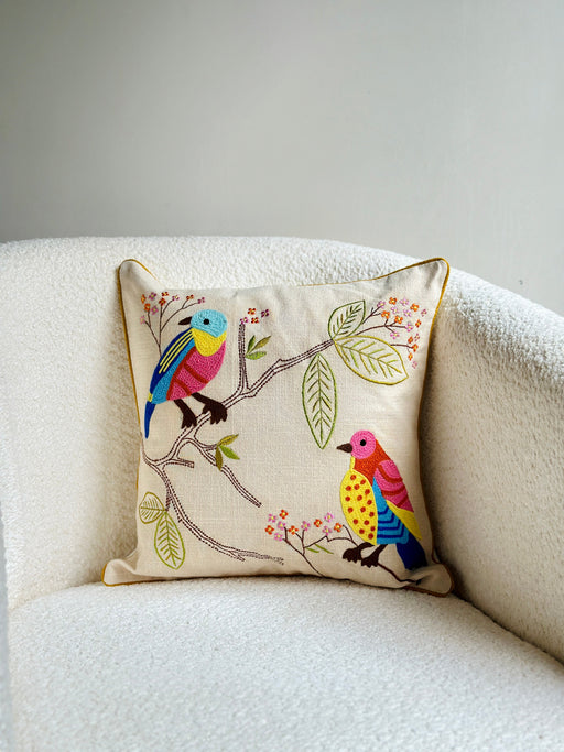 Nurture India on Branch Embroidered Cushion Cover 16x 16-Inch