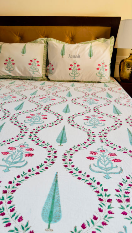 aenak-teal-green-cypress-handblock-bedsheet-dohar-combo-set