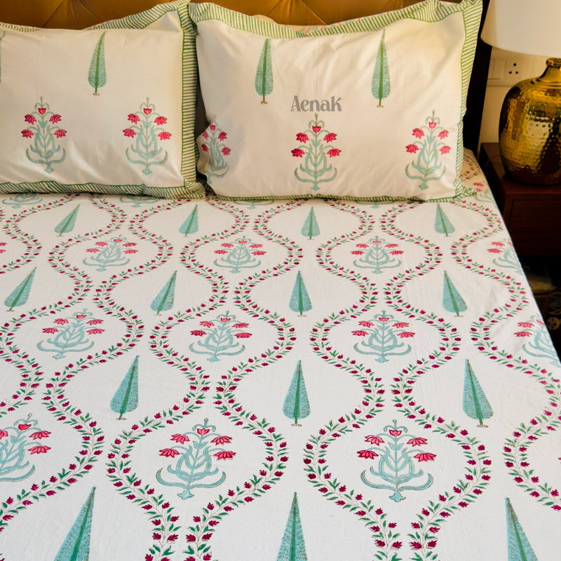aenak-teal-green-cypress-handblock-bedsheet-dohar-combo-set