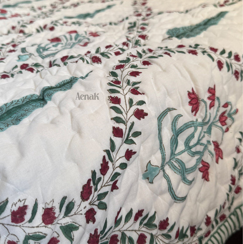 aenak-teal-green-cypress-jaal-handblock-bedsheet-quilt-combo-set