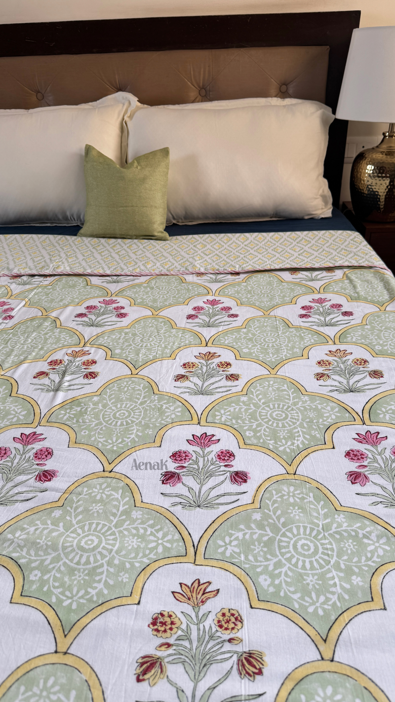 aenak-mint-green-yellow-handblock-bedsheet-dohar-combo-set