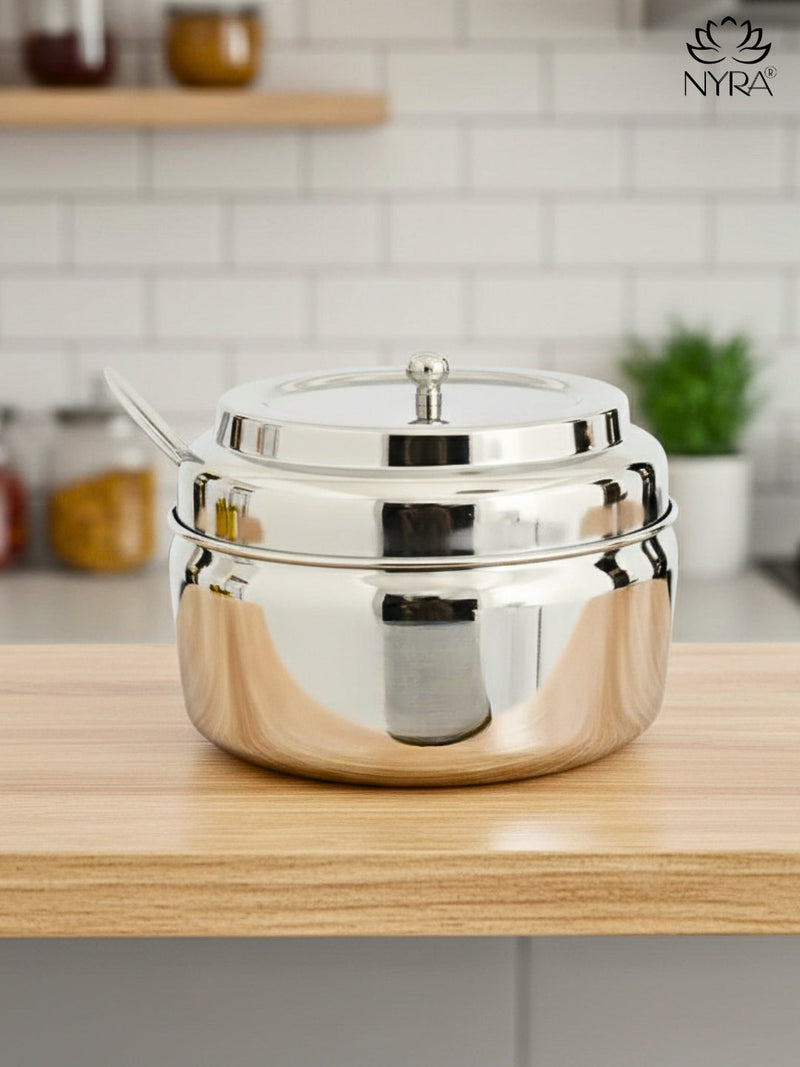 Stainless Steel Ghee/0il Pot Storage Container with Spoon – Cooking Spoon