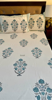 aenak-teal-blue-dahlia-handblock-printed-premium-cotton-fitted-bedsheet-set