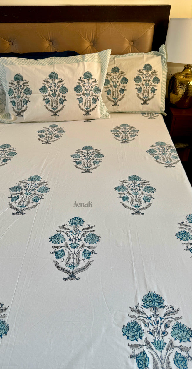 aenak-teal-blue-dahlia-handblock-printed-premium-cotton-fitted-bedsheet-set