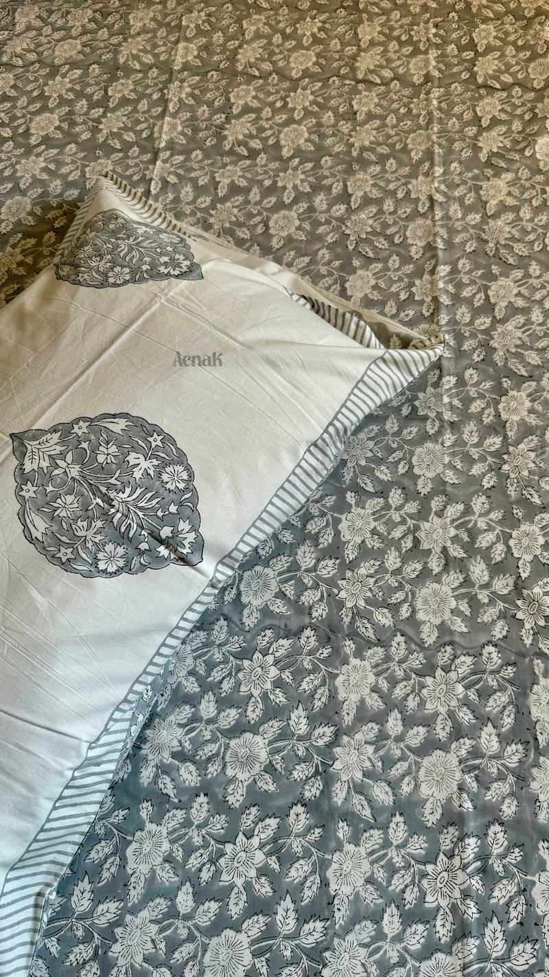 aenak-grey-floral-handblock-printed-premium-cotton-fitted-bedsheet-set