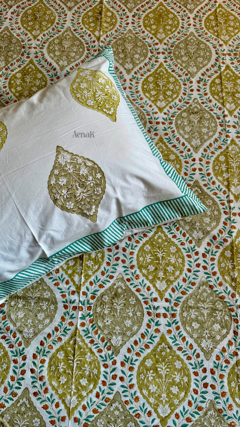 aenak-green-jaal-handblock-printed-premium-cotton-fitted-bedsheet-set