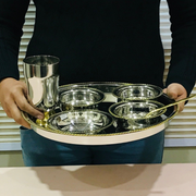 Stainless-Steel Two-Tone Thali Set with Brass detailing – Kitchen Utensil