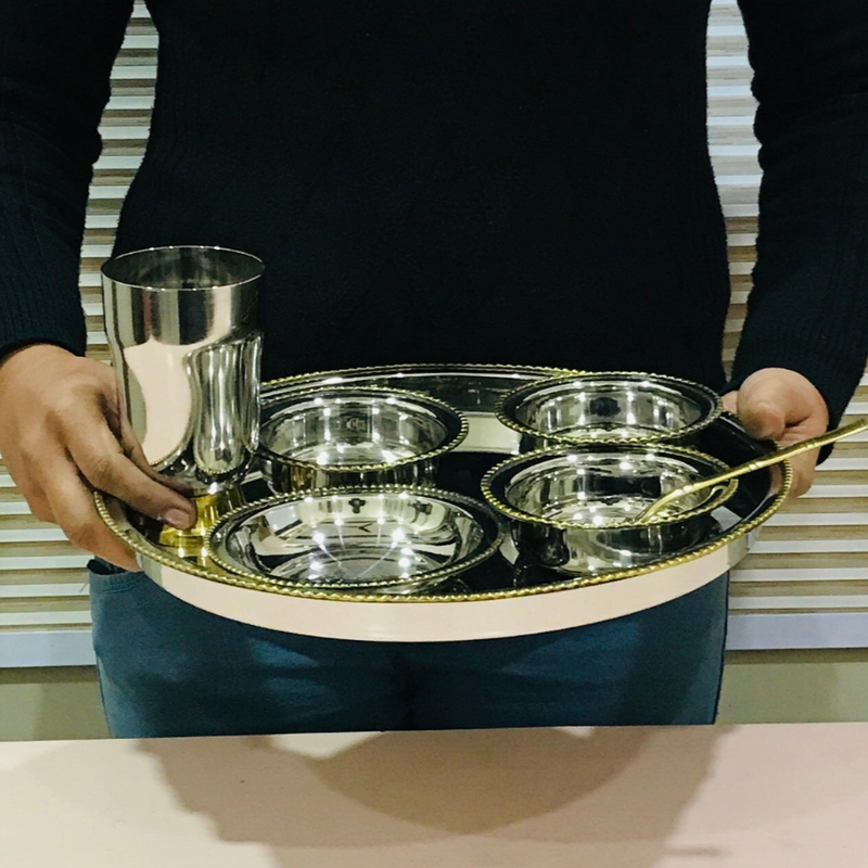 Stainless-Steel Two-Tone Thali Set with Brass detailing – Kitchen Utensil