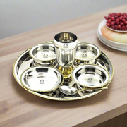 Stainless-Steel Two-Tone Thali Set with Brass detailing – Kitchen Utensil