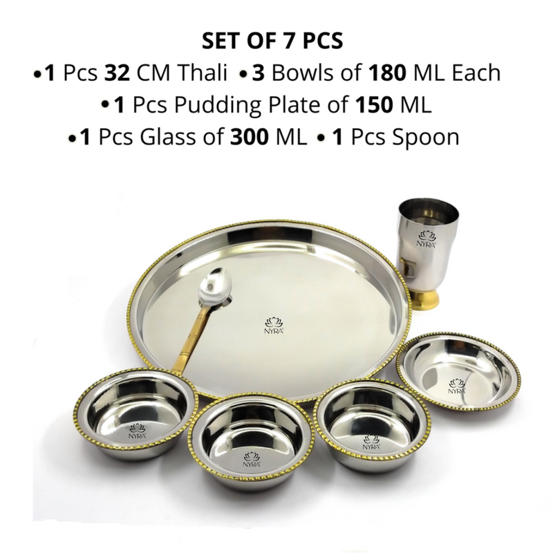 Stainless-Steel Two-Tone Thali Set with Brass detailing – Kitchen Utensil