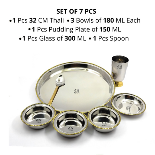 Stainless-Steel Two-Tone Thali Set with Brass detailing – Kitchen Utensil