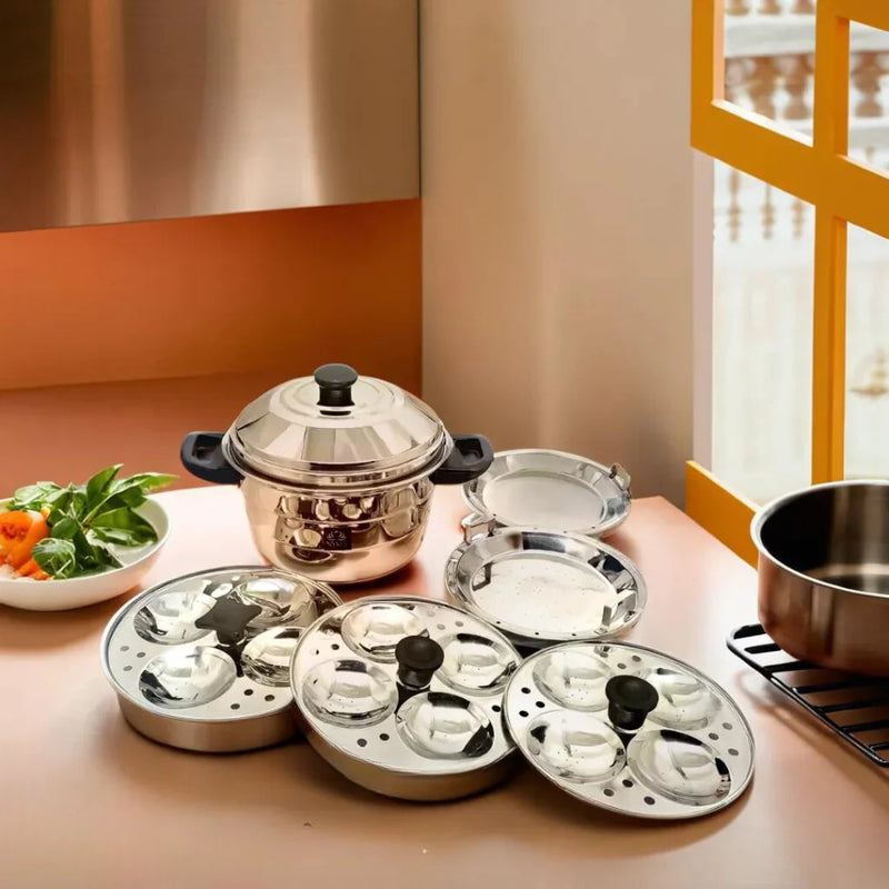 Premium Stainless Steel Multi-Idli Cooker Pot With Stackable Idli Plates