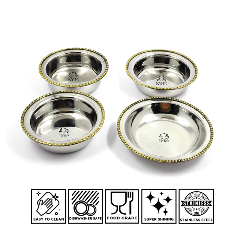 Stainless-Steel Two-Tone Thali Set with Brass detailing – Kitchen Utensil