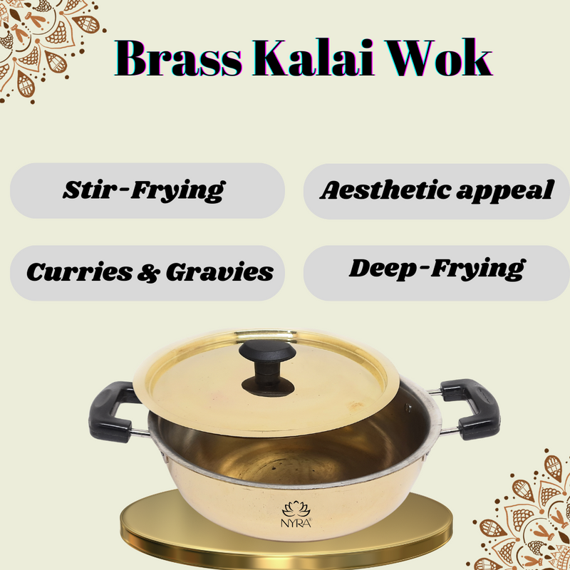 Traditional Brass Kadhai (Pital Wok) with Tin Lining & Lid – Cooking Wok