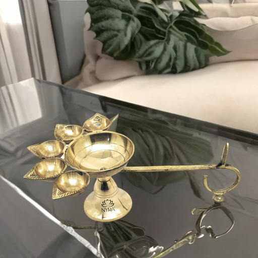 Pure Brass Panch Aarti Diya with Handle – Kitchen Utensil