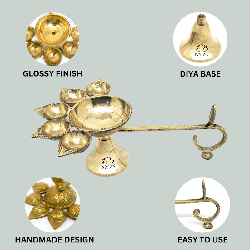 Pure Brass Panch Aarti Diya with Handle – Kitchen Utensil