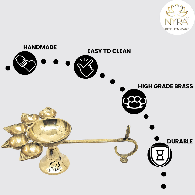 Pure Brass Panch Aarti Diya with Handle – Kitchen Utensil