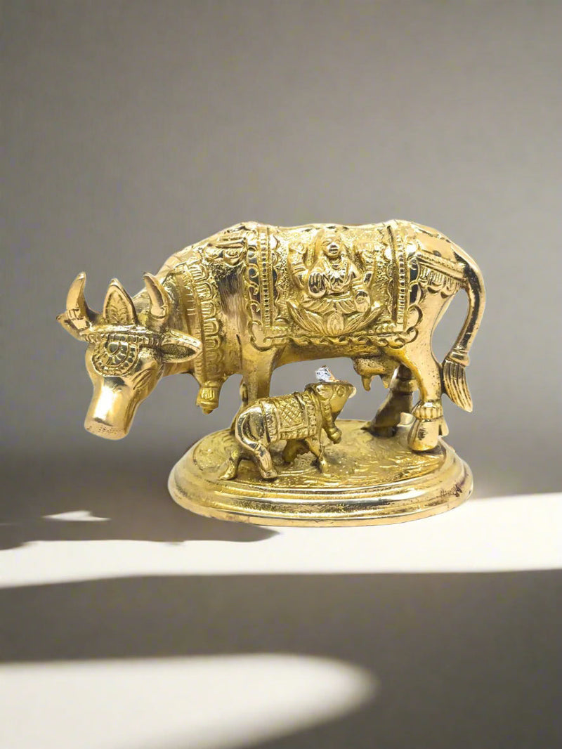 Pure Brass Kamdhenu Cow & Calf Idol – Brass Hindu Idol
