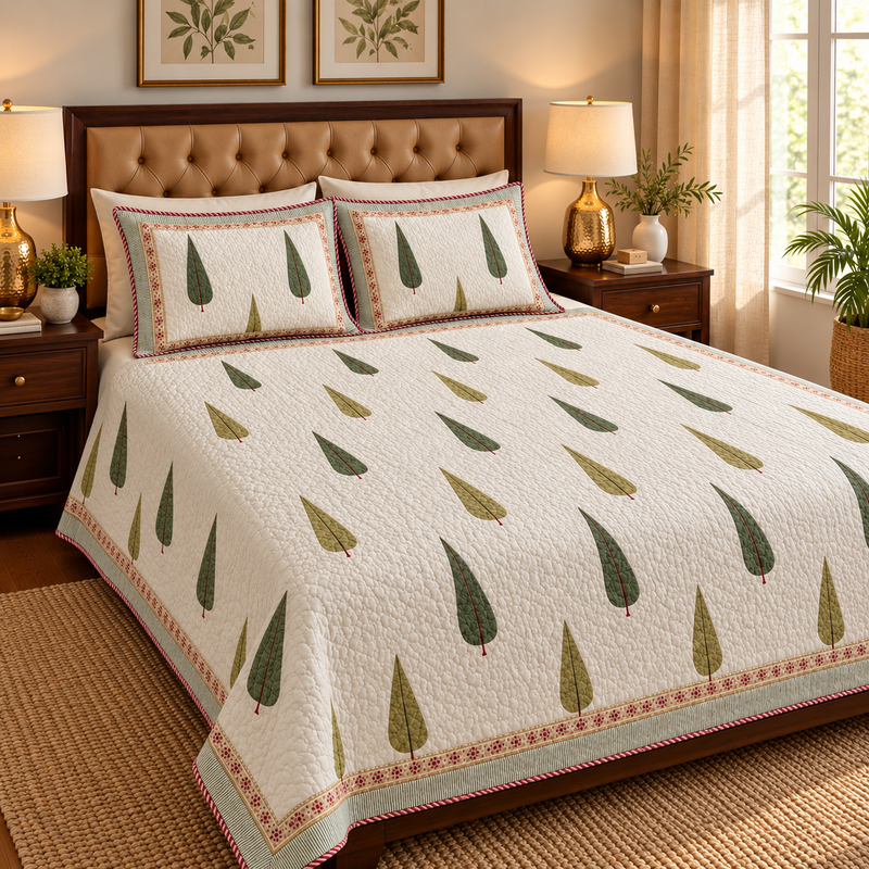 aenak-green-cypress-handblock-printed-reversible-quilted-bedcover-set