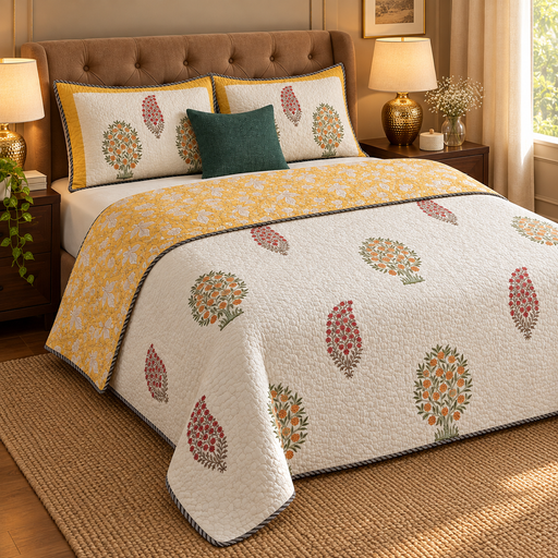 aenak-yellow-red-phool-boota-handblock-printed-reversible-quilted-bedcover-set