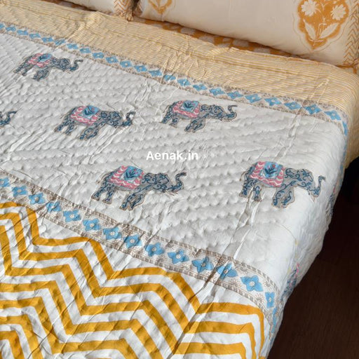 aenak-yellow-chevron-elephant-handblock-reversible-mulmul-cotton-quilt