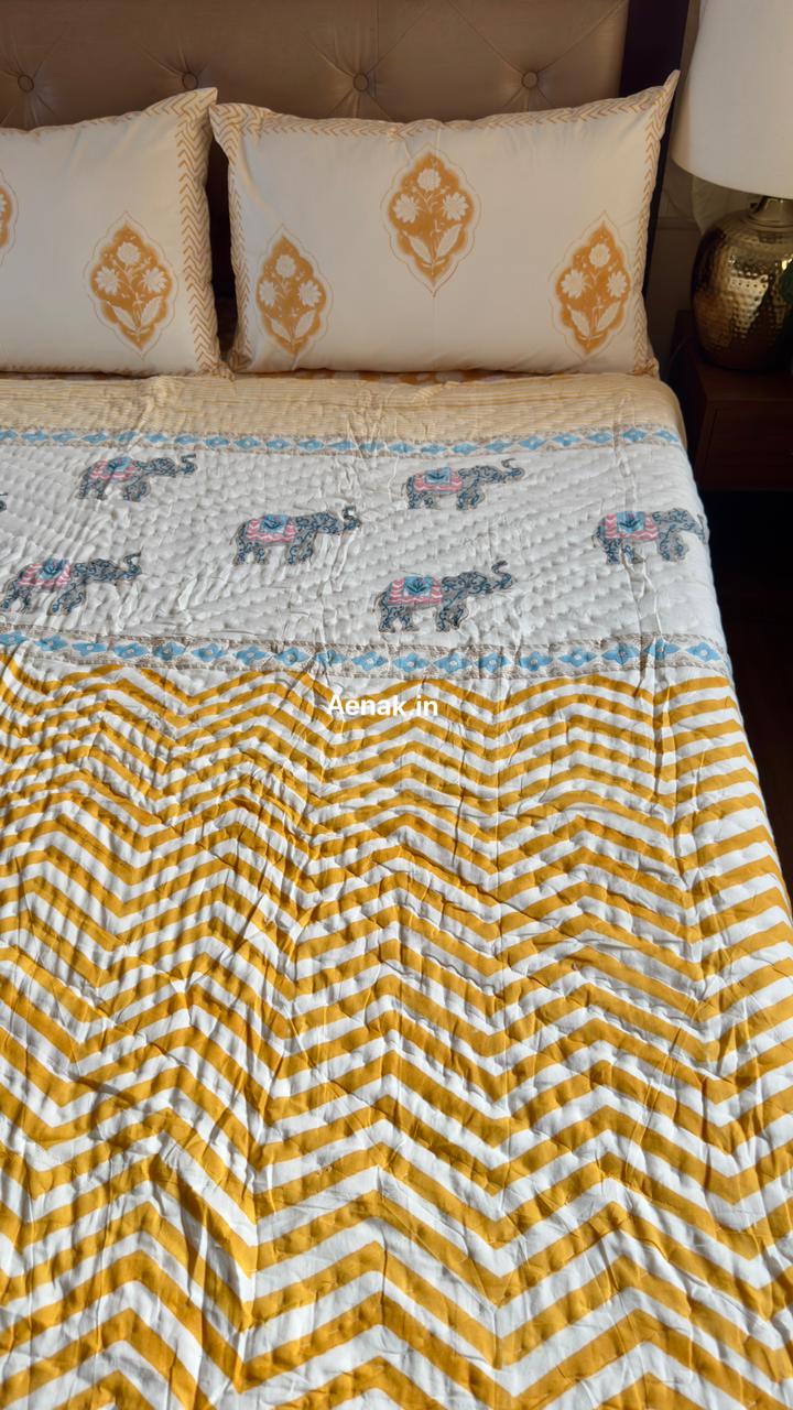 aenak-yellow-chevron-elephant-handblock-reversible-mulmul-cotton-quilt