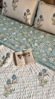 aenak-blue-marigold-handblock-bedsheet-quilt-combo-set