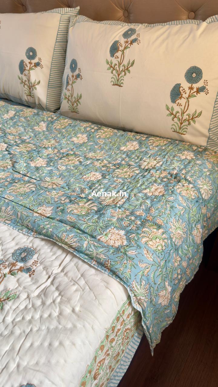 aenak-blue-marigold-handblock-bedsheet-quilt-combo-set