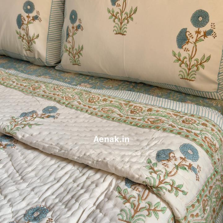 aenak-blue-marigold-handblock-bedsheet-quilt-combo-set