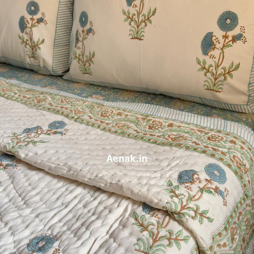 aenak-blue-marigold-handblock-bedsheet-quilt-combo-set