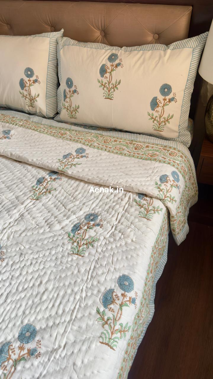 aenak-blue-marigold-handblock-bedsheet-quilt-combo-set
