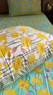 aenak-yellow-pichwai-lotus-handblock-premium-cotton-bedsheet-set
