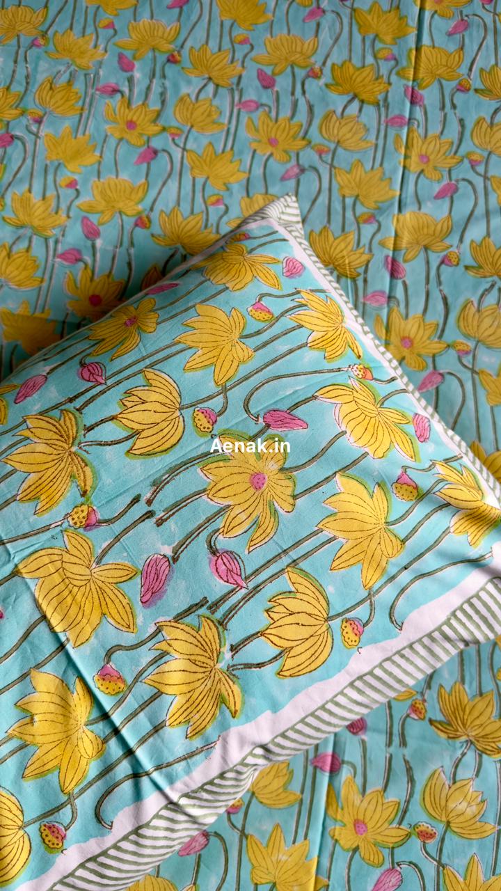 aenak-yellow-pichwai-lotus-handblock-premium-cotton-bedsheet-set
