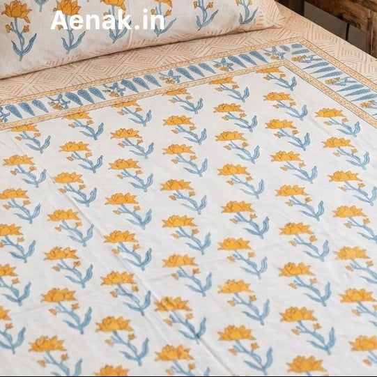 aenak-yellow-blue-lotus-handblock-printed-premium-cotton-fitted-bedsheet-set