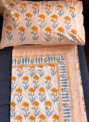 aenak-yellow-blue-lotus-handblock-printed-premium-cotton-fitted-bedsheet-set