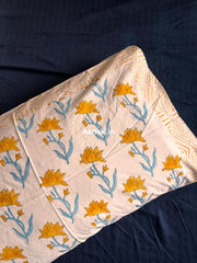 aenak-yellow-blue-lotus-handblock-printed-premium-cotton-fitted-bedsheet-set