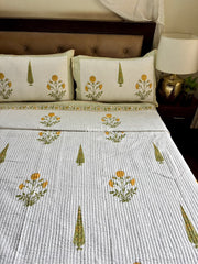 aenak-yellow-dahlia-handblock-bedsheet-straight-quilted-bedcover-combo-set